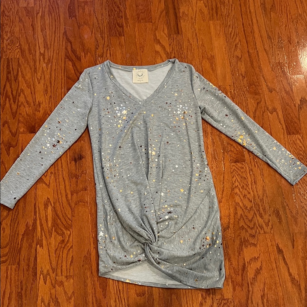 Fantastic Fawn Gray Dress with Gold and Brown Star Accents